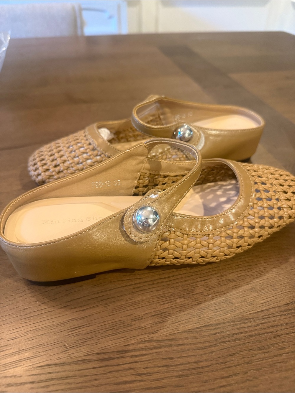 Bomre Woven Slip-On Mules in Tan with Statement Button